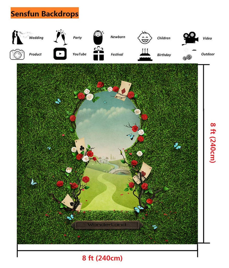 Sensfun 8x8ft Vinyl Wonderland Photo Backdrops for Baby Shower Birthday Newborn Cake Table Banner Fantasy Fairy Tale Green Grass Gate to Wonderland Photography Background Photo Studio Props(SXY1326) - Image 3